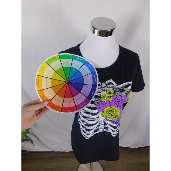 Michaels Shirt Womens Large Navy Graphic Skeleton Rib Cage Floral Goth Tee - Picture 9 of 10